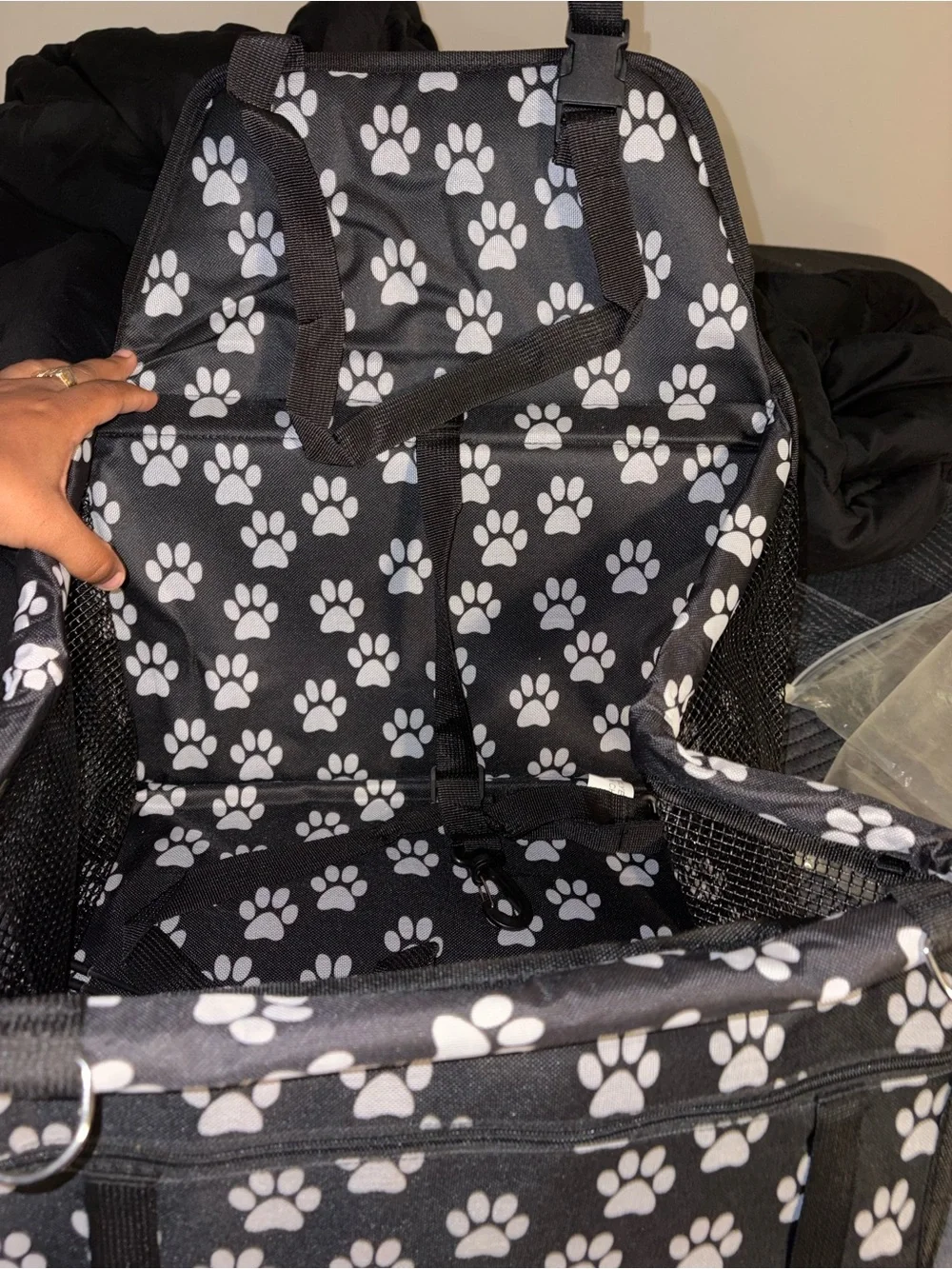 Black Paw-Print Pet Carrier with Safety Strap